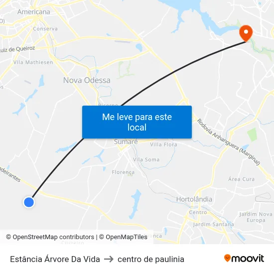 Estância Árvore Da Vida to centro de paulinia map