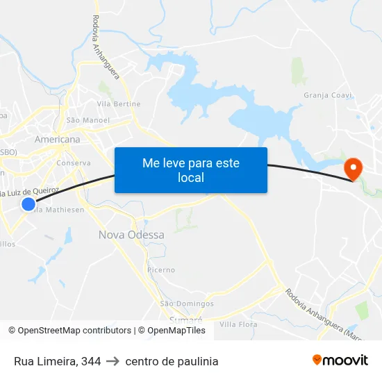 Rua Limeira, 344 to centro de paulinia map