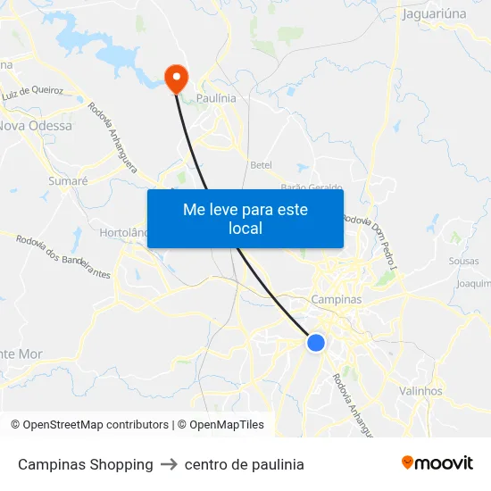 Campinas Shopping to centro de paulinia map