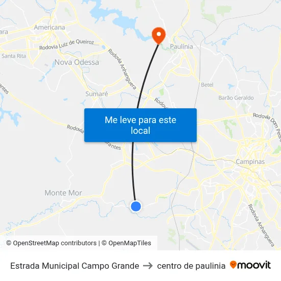 Estrada Municipal Campo Grande to centro de paulinia map