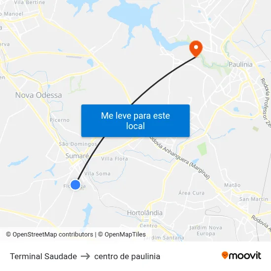 Terminal Saudade to centro de paulinia map
