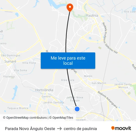 Parada Novo Ângulo Oeste to centro de paulinia map