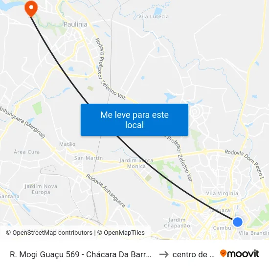 R. Mogi Guaçu 569 - Chácara Da Barra Campinas - SP Brasil to centro de paulinia map