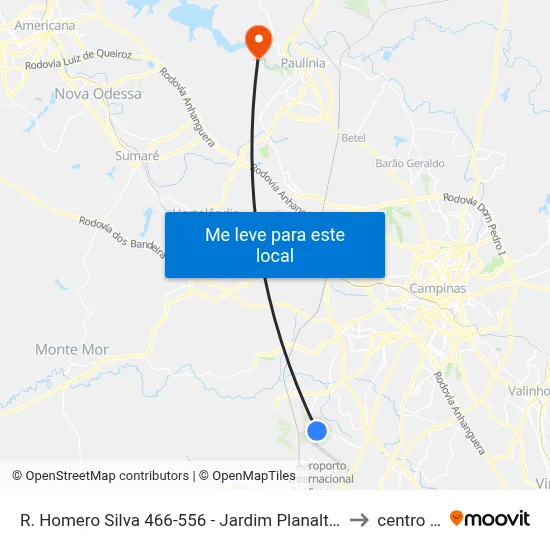 R. Homero Silva 466-556 - Jardim Planalto De Viracopos Campinas - SP 13056-003 Brasil to centro de paulinia map