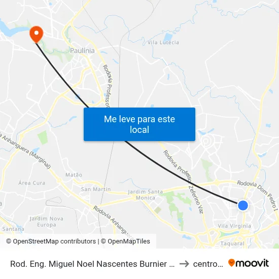 Rod. Eng. Miguel Noel Nascentes Burnier - Parque São Quirino Campinas - SP 13088-140 Brasil to centro de paulinia map