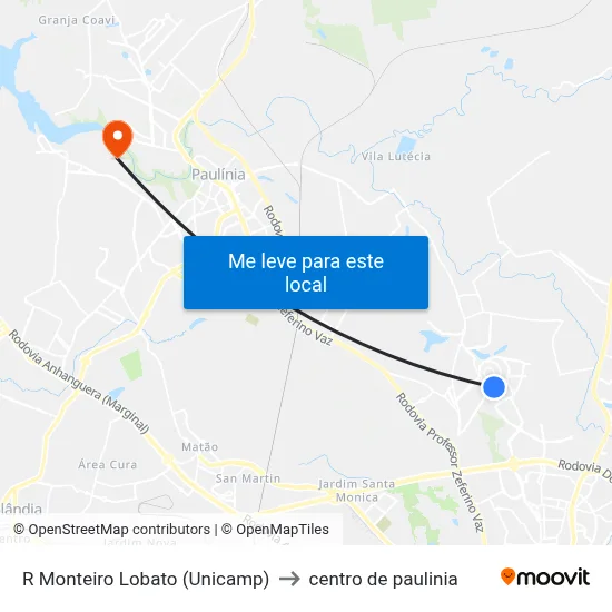 R Monteiro Lobato (Unicamp) to centro de paulinia map