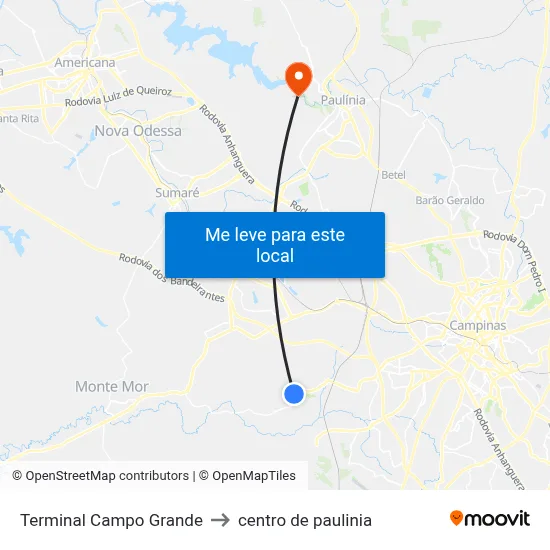 Terminal Campo Grande to centro de paulinia map