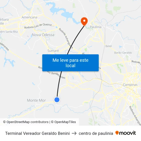 Terminal Vereador Geraldo Benini to centro de paulinia map