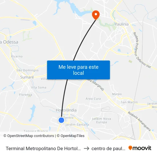 Terminal Metropolitano De Hortolândia to centro de paulinia map