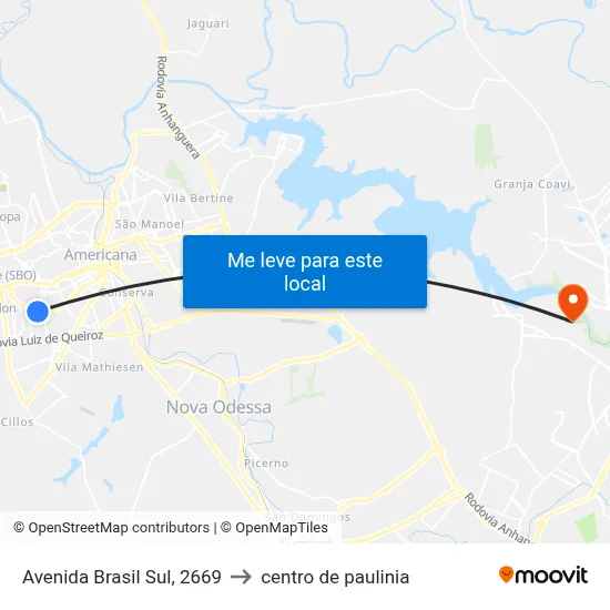 Avenida Brasil Sul, 2669 to centro de paulinia map