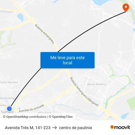Avenida Três M, 141-223 to centro de paulinia map