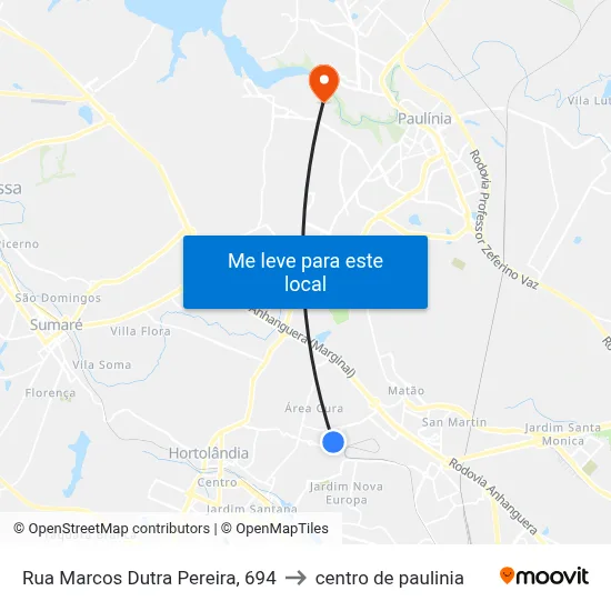 Rua Marcos Dutra Pereira, 694 to centro de paulinia map
