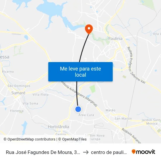 Rua José Fagundes De Moura, 388 to centro de paulinia map