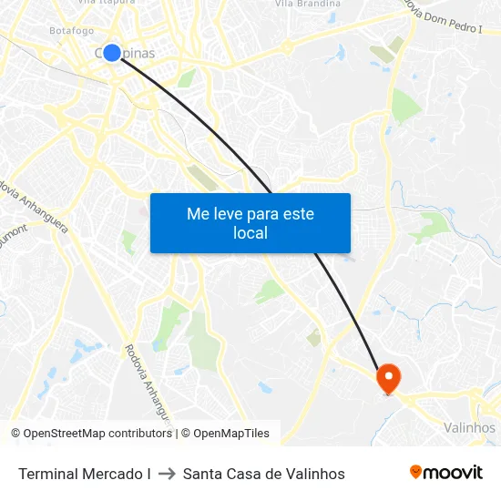 Terminal Mercado I to Santa Casa de Valinhos map