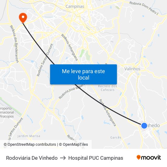 Rodoviária De Vinhedo to Hospital PUC Campinas map