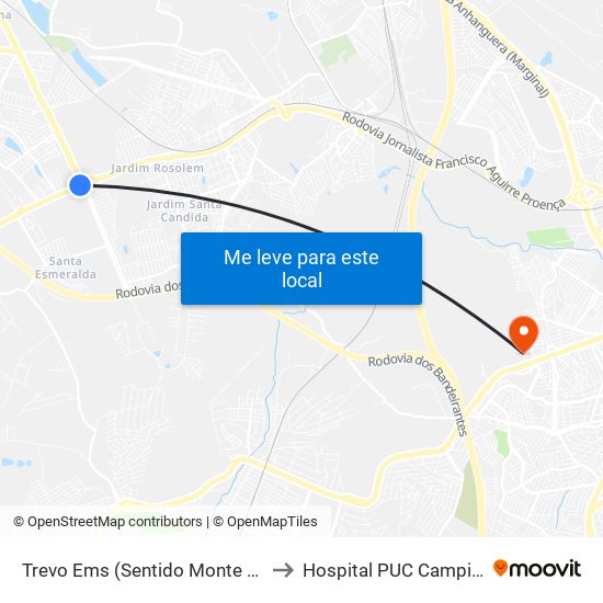 Trevo Ems (Sentido Monte Mor) to Hospital PUC Campinas map