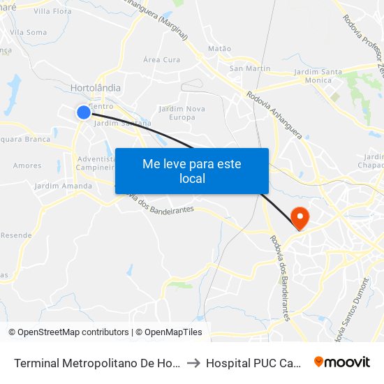Terminal Metropolitano De Hortolândia to Hospital PUC Campinas map