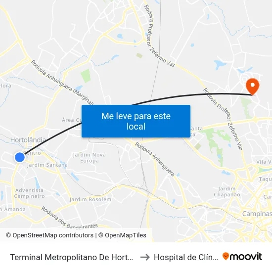Terminal Metropolitano De Hortolândia to Hospital de Clínicas map