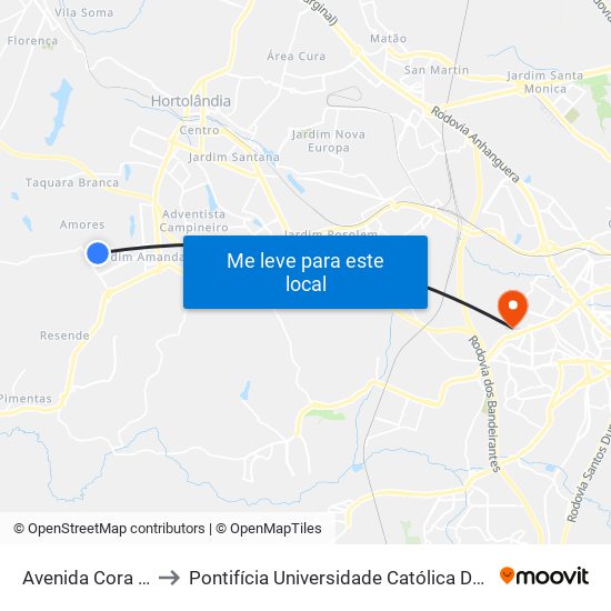 Avenida Cora Coralina, 406-448 to Pontifícia Universidade Católica De Campinas - Puc-Campinas (Campus II) map