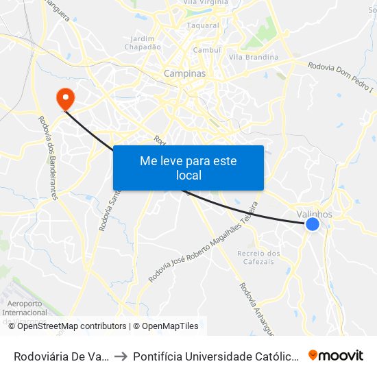 Rodoviária De Valinhos (Linhas De Itatiba) to Pontifícia Universidade Católica De Campinas - Puc-Campinas (Campus II) map
