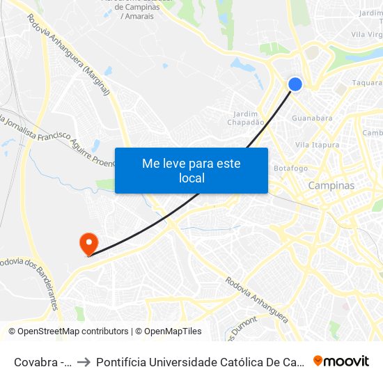 Covabra - Imperatriz to Pontifícia Universidade Católica De Campinas - Puc-Campinas (Campus II) map