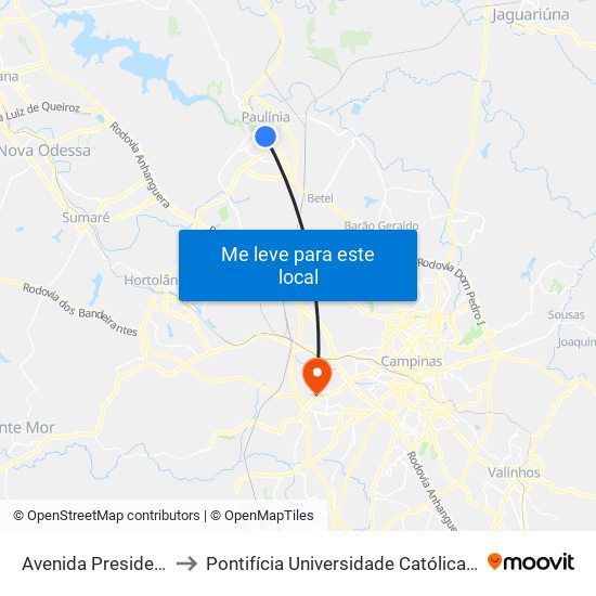 Avenida Presidente Getúlio Vargas, 500 to Pontifícia Universidade Católica De Campinas - Puc-Campinas (Campus II) map