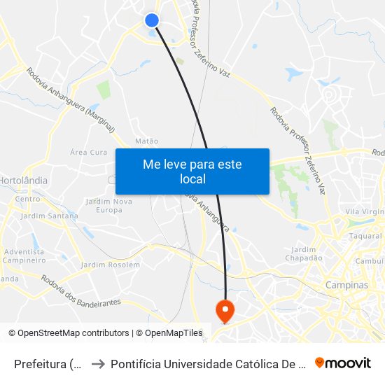 Prefeitura (Sentido Centro) to Pontifícia Universidade Católica De Campinas - Puc-Campinas (Campus II) map