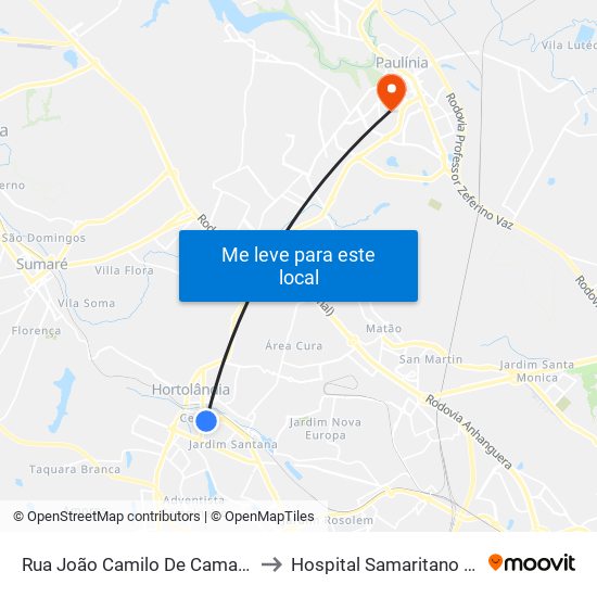 Rua João Camilo De Camargo, 120-226 to Hospital Samaritano De Paulínia map