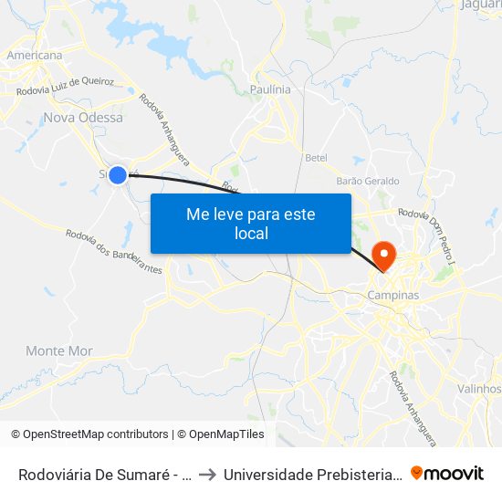 Rodoviária De Sumaré - Plataforma 4 to Universidade Prebisteriana Mackenzie map