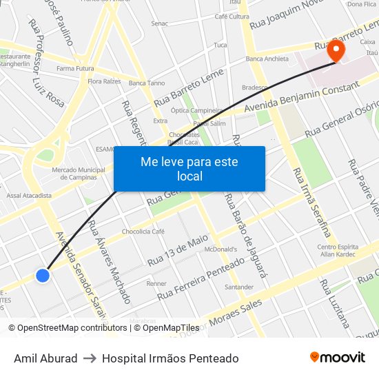 Amil Aburad to Hospital Irmãos Penteado map