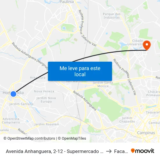 Avenida Anhanguera, 2-12 - Supermercado São Vicente to Facamp map