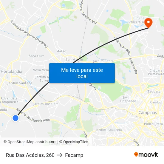 Rua Das Acácias, 260 to Facamp map