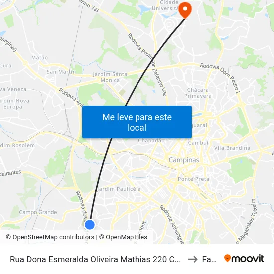Rua Dona Esmeralda Oliveira Mathias 220 Campinas - São Paulo 13060 Brasil to Facamp map