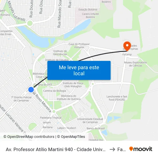 Av. Professor Atílio Martini 940 - Cidade Universitária Campinas - SP 13083-830 Brasil to Facamp map
