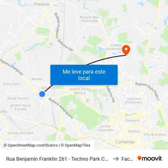 Rua Benjamin Franklin 261 - Techno Park Campinas - SP Brasil to Facamp map