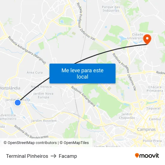 Terminal Pinheiros to Facamp map