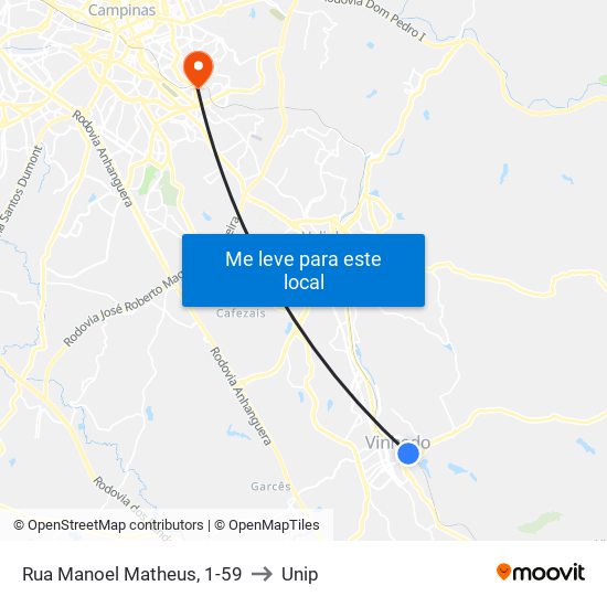 Rua Manoel Matheus, 1-59 to Unip map