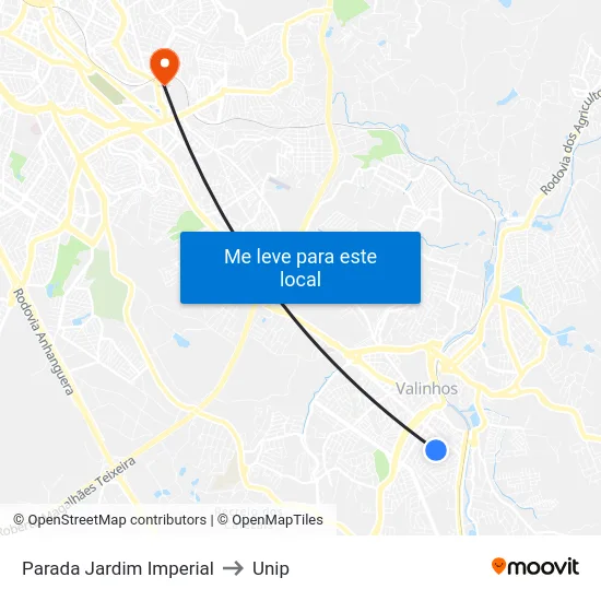 Parada Jardim Imperial to Unip map