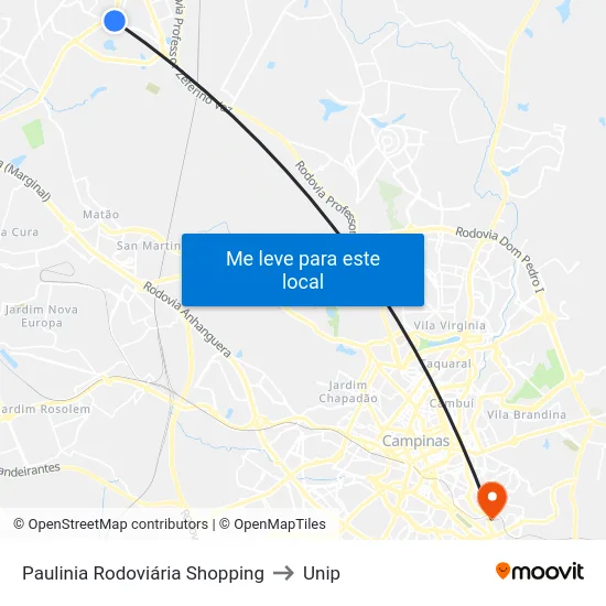 Paulinia Rodoviária Shopping to Unip map