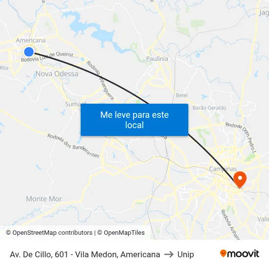 Av. De Cillo, 601 - Vila Medon, Americana to Unip map
