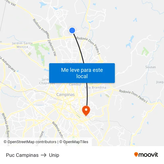 Puc Campinas to Unip map