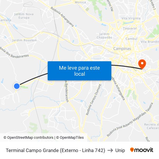 Terminal Campo Grande (Externo - Linha 742) to Unip map
