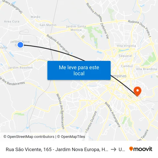 Rua São Vicente, 165 - Jardim Nova Europa, Hortolândia to Unip map