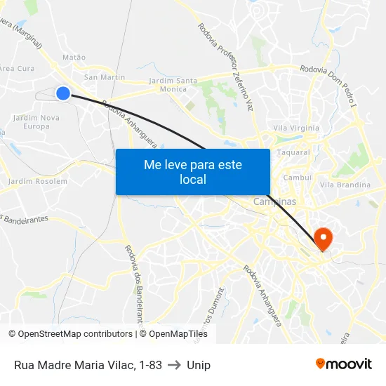 Rua Madre Maria Vilac, 1-83 to Unip map