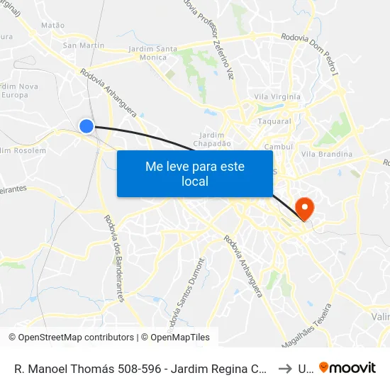 R. Manoel Thomás 508-596 - Jardim Regina Campinas - SP 13067-230 Brasil to Unip map