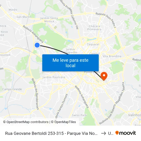Rua Geovane Bertoldi 253-315 - Parque Via Norte Campinas - SP 13065-060 Brasil to Unip map
