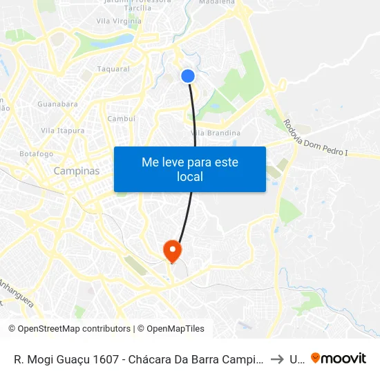 R. Mogi Guaçu 1607 - Chácara Da Barra Campinas - SP 13090-605 Brasil to Unip map