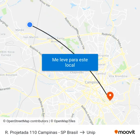 R. Projetada 110 Campinas - SP Brasil to Unip map