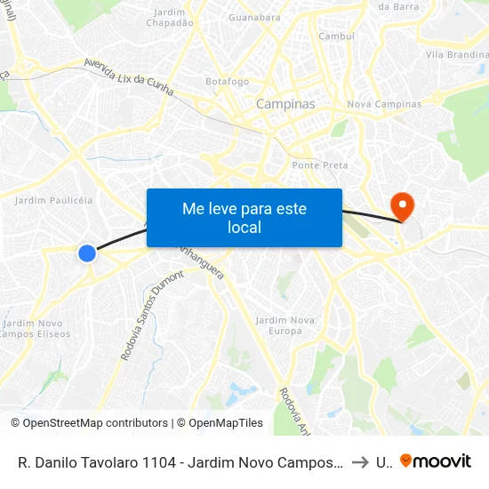 R. Danilo Tavolaro 1104 - Jardim Novo Campos Eliseos Campinas - SP 13060-112 Brasil to Unip map