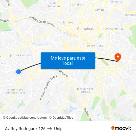 Av Ruy Rodriguez 126 to Unip map